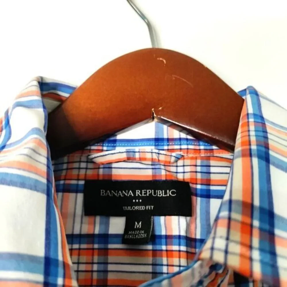 Banana Republic Men‎ M Blue Check Tailored Fit Long Sleeve Button Up Shirt Retro
